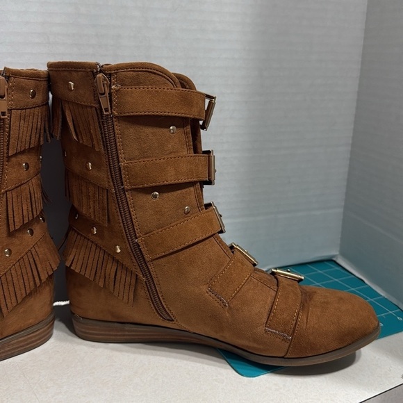 Fringe Buckle Suede Boots - Brown - Picture 5 of 14